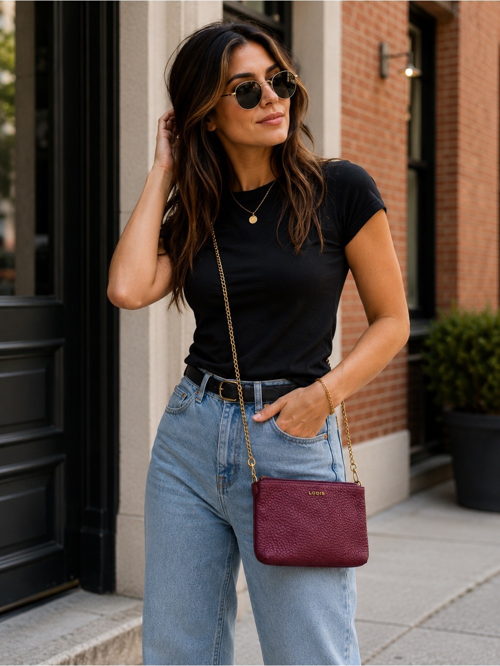 Lodis Burgundy Pebbled Leather Chain Crossbody Bag Mini Purse Gold￼